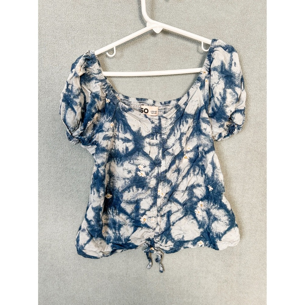 SO Girls Blue White Tie Dye Daisy Floral Puff Sleeve Smocked Top Size L 10/12
